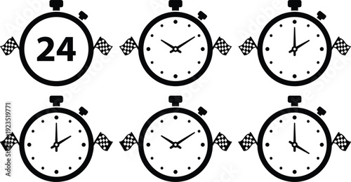 Six stopwatch clocks with number 24 and various times