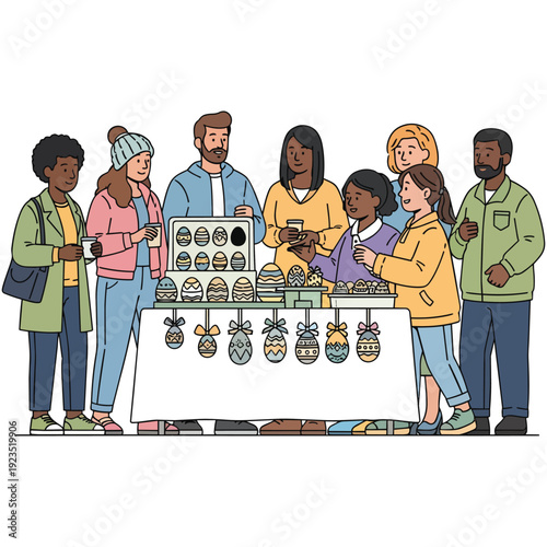 Diverse group of people gathered around a market stall displaying beautifully decorated eggs for sale at a craft fair or spring event.