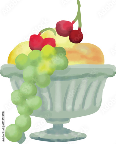 Sage green watercolor fruit bowl on pedestal vector illustration featuring grapes, cherries, and soft pastel fruits, designed for elegant wedding reception decor and romantic garden themed stationery.
