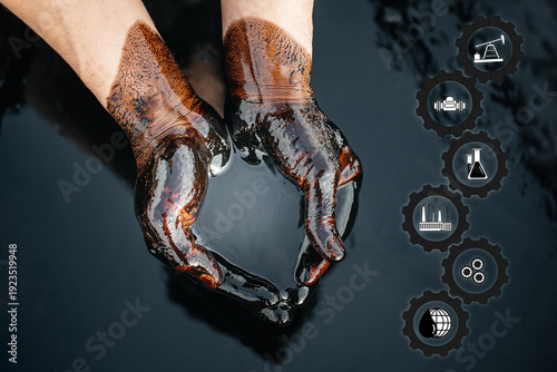 Hands covered in black oil hold clear water above dark surface, with icons representing industry, science, and environment visible on the right side of the image