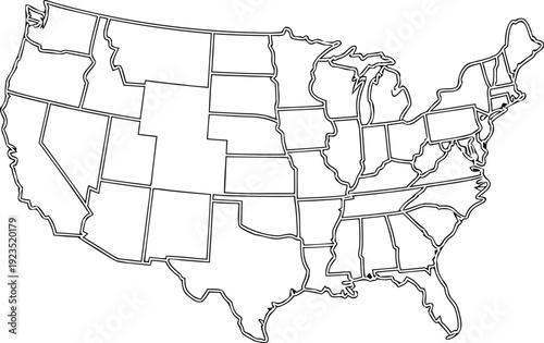 Vector illustration of United States map outline featuring state borders for geography and travel concepts