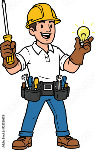 Cartoon electrician worker wearing yellow hard hat holding screwdriver and glowing light bulb, repairman character vector illustration isolated on white background