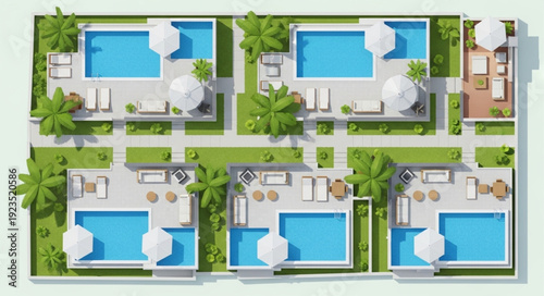 Luxurious resort with private pools and tropical landscaping, aerial view.