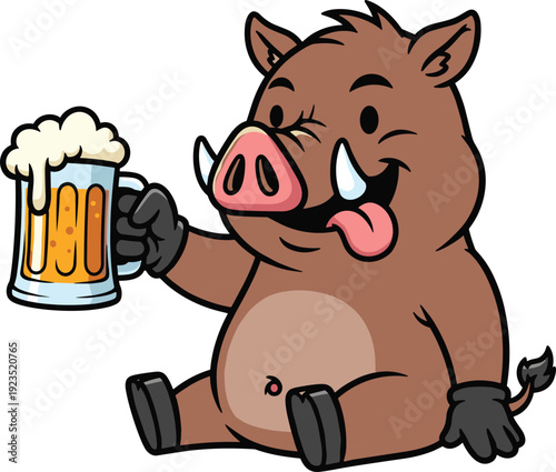Cartoon wild boar sitting with frothy beer mug, playful decorative illustration symbolizing humor, anthropomorphism, and entertainment themes