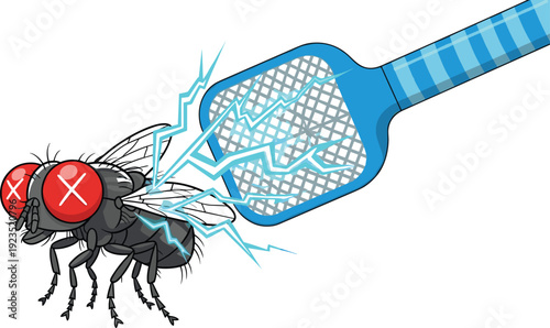 Cartoon illustration of fly being electrocuted by electric swatter with sparks, exaggerated red eyes, dramatic pest control concept artwork