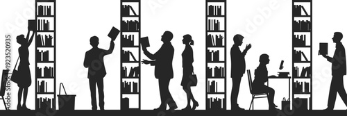 Library people silhouette reading books, students studying and browsing bookshelves, black vector illustration isolated on white background