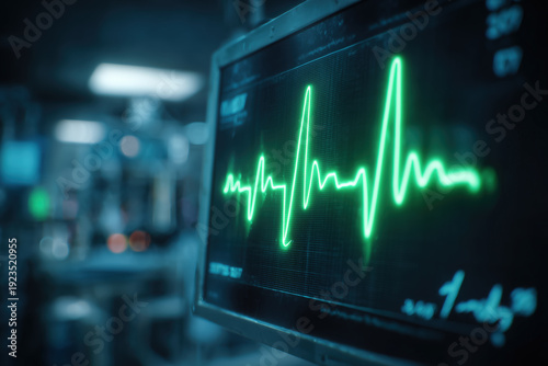 Medical ECG heart monitor display with vital signs in hospital intensive care unit at night