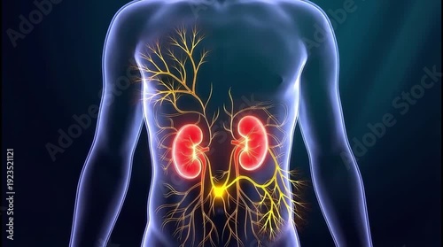 Human Body with Visible Kidneys and Nervous System, Medical Animation of Internal Organs.