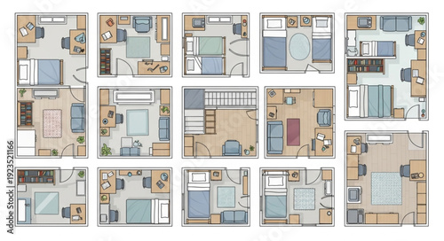 Detailed architectural floor plans showcasing various room layouts and designs for residential spaces.