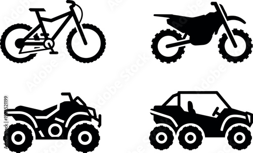 Off road vehicle silhouettes collection, mountain bike, dirt bike motorcycle, ATV quad, six wheel UTV vector icon set