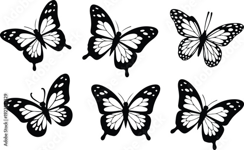 Elegant Butterfly Silhouette Icon Set – Flying, Resting, and Side Views
