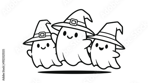 Three cute cartoon ghosts wearing witch hats for Halloween celebration