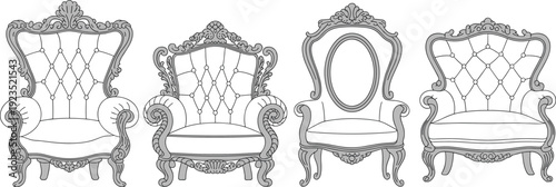 Luxury vintage armchair set with ornate baroque design, classic royal furniture black and white vector illustration
