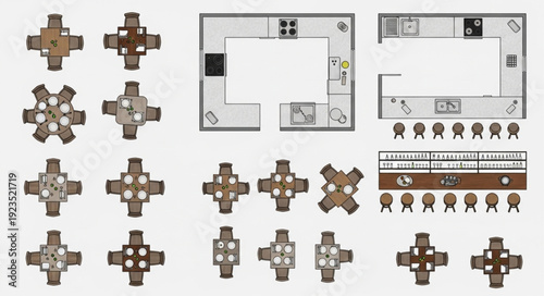 Overhead view of various dining tables and restaurant floor plans for design.