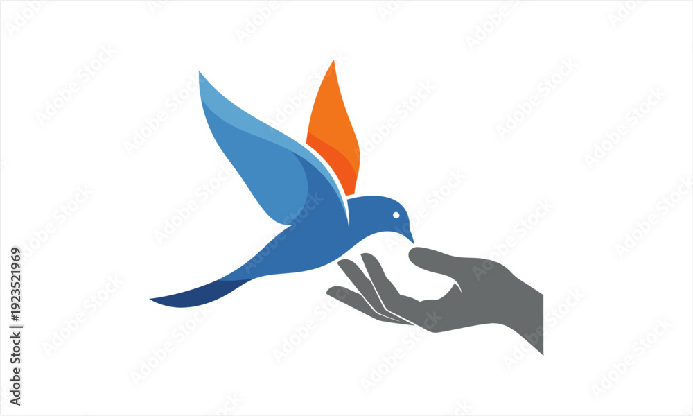 Fototapeta premium Blue bird with orange wing landing on a human hand.