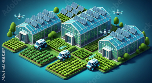 Sustainable greenhouses with solar panels and trucks on plots of land with crops representing eco friendly agriculture and renewable energy