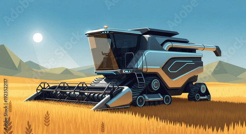 Combine harvester machine in wheat field at sunset with mountains