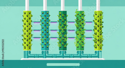 Vertical farm with lush green plants growing on cylindrical columns hydroponic system sustainable agriculture concept eco friendly futuristic farming indoor gardening