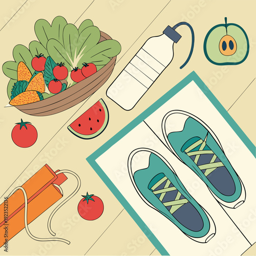 Healthy Lifestyle Concept with Fresh Fruits and Fitness Equipment
