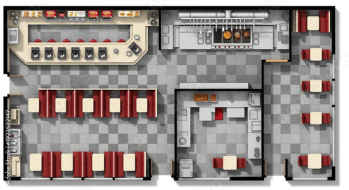 Restaurant floor plan with tables, bar, and kitchen layout, top view.