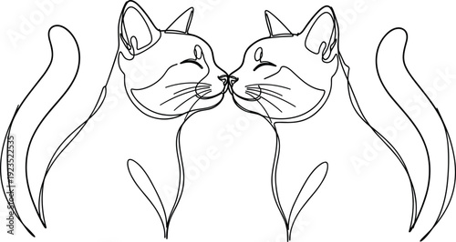 Two cats line art illustration, minimalist continuous line drawing of kissing kittens, romantic feline vector design isolated background