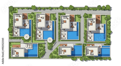 Luxury villas with private pools and modern architecture in a sunny resort setting.