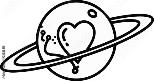 A cartoon illustration of a planet with rings, featuring a heart inside