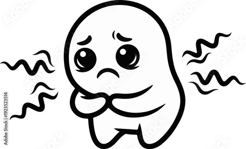 A cartoon ghost with large eyes and a sad expression, surrounded by wavy lines