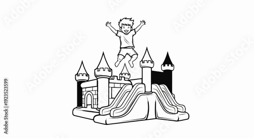 A cartoon child gleefully jumps high above a bouncy castle with slides