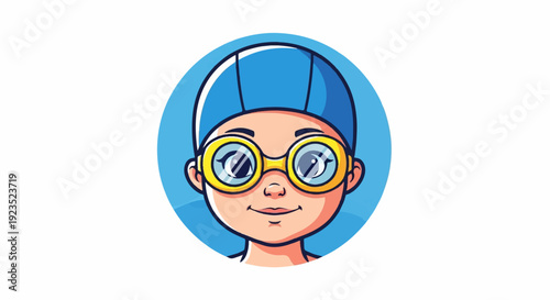A cartoon swimmer in goggles and cap smiles warmly