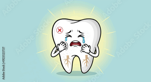A cartoon tooth cries with pain and a red cross mark indicating damage