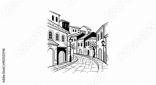 A sketch of an old European street with buildings and cobblestones