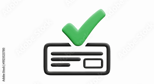 A 3D rendered icon of a green checkmark over a dark gray credit card
