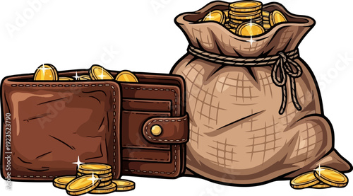 A brown leather wallet filled with gold coins, next to a burlap sack overflowing with treasure