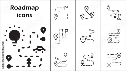 Roadmap Icons Set: Navigation Paths, Location Pins, Destinations, Journey & Success Symbols, Vector Icons
