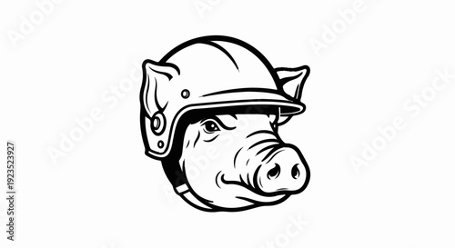 A black and white cartoon image of a pig's head wearing a hard hat