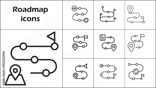 Roadmap Icons Set: Navigation Path, Journey, Planning, Strategy, Location Pin, and Destination Flags - Vector Graphics