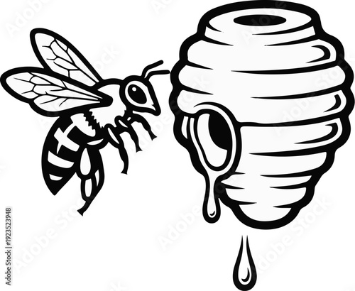 A black and white drawing of a bee flying towards a beehive with dripping honey