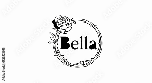 A black and white circular emblem with a rose and the word "Bella