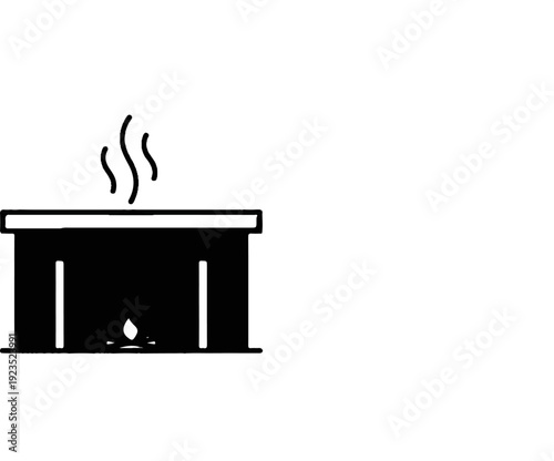 A simple black and white illustration of a fireplace with a small flame and rising smoke