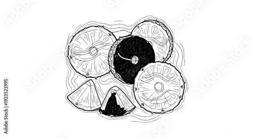 A sketchy black and white illustration of sliced pineapples, some darkened