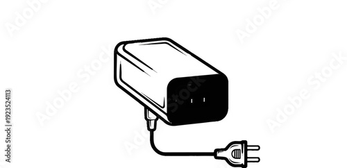 A black and white drawing of an electrical adapter with a plug and cord