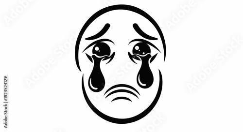 A black and white graphic depicting a face with large, tear-filled eyes