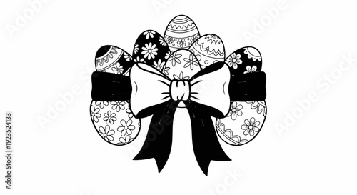 A black and white drawing of decorated Easter eggs tied with a bow