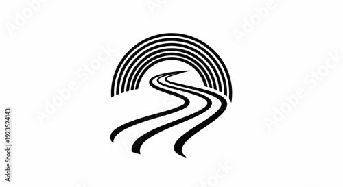 A black and white graphic depicts a winding road leading towards a rainbow arch