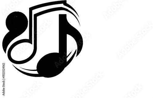 A black and white graphic design of musical notes encircled by sweeping lines