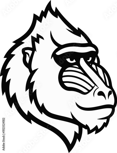 A black and white graphic drawing of a monkey's face, with expressive eyes and a distinct brow ridge