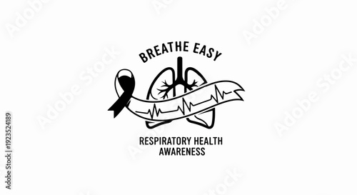 A black and white graphic featuring lungs, a ribbon, and a heartbeat line