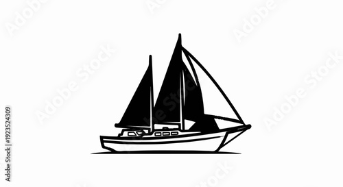 A black and white graphic of a two-masted sailboat with sails unfurled