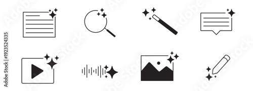 Ai generated audio or media icon set. Ai star sparkle symbol, creative artificial intelligence and machine learning technology concept. Generative AI. music generated, image generate, magic pencil